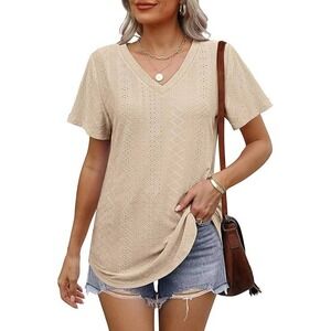 Womens XXL V Neck T Shirt Short Sleeve Casual Loose Fit Basic with Curved Hem